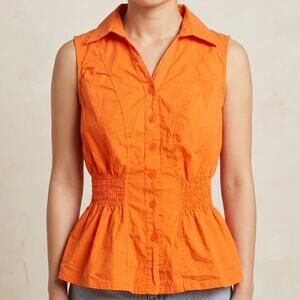 Mia Mia Women's Orange Blouse Sleeveless Smocked Waist Peplum Button Top Small